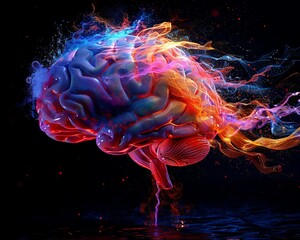 Dynamic wallpaper with concept art of a human brain, vividly colored and exploding with creativity and knowledge, ideal for inspiring environments