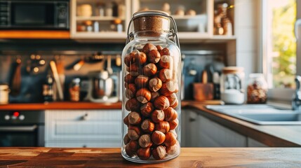 raw Hazelnuts nut in the transparant bottle package, kitchen background setting - obrazy, fototapety, plakaty