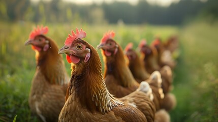 group of chickens in field, chicken coop domestic animals organic meadow feather - obrazy, fototapety, plakaty