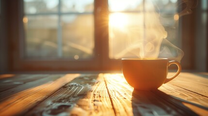 Morning, cup of coffee on wooden table with sunlight coming through window, desk sun tea hot drink liquid - obrazy, fototapety, plakaty