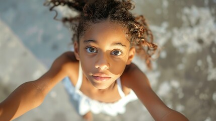 Girl reaching toward camera, young african american girl up at camera, smiling happiness small curly hair brown hair - Powered by Adobe