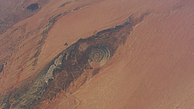 High altitude top aerial view of the Richat Structure in the Sahara desert in Africa. Mauritania