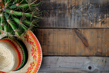 Cinco de Mayo holiday background with Mexican cactus and party sombrero hat on wooden table