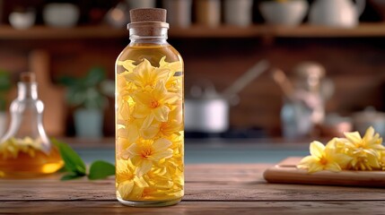 raw jasmine flower in the transparant bottle package, kitchen background setting
