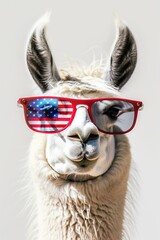 Fototapeta premium white llama with aviator glasses, the sunglasses lenses are in USA flag colors, white background for 4th of July