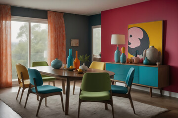 Retro trifft Moderne im Eßzimmer mit 70er-Jahre-Farbpalette und zeitgenössischen Pop-Art-Elementen