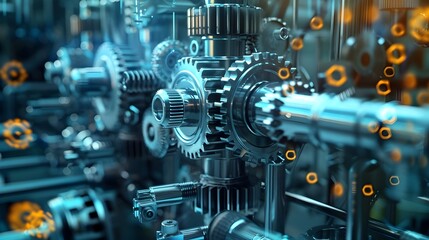 Interlocking metal gears a close-up of industrial machine gears generative ai