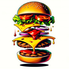 Illustration burger avec ingrédients en suspension pour la publicité, style pop art, cartoon