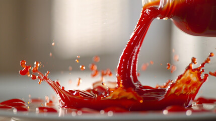 A bottle of tomato ketchup being poured onto a plate, with thick red sauce splashing and spreading outwards in a wave-like motion, 