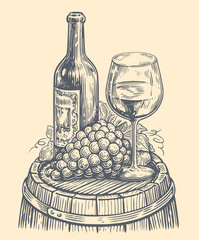 Bottle of wine with glass of wine bunch of grapes. Sketch vintage vector illustration. Winery, vineyard