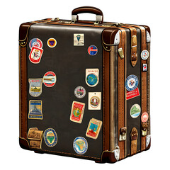 A vintage leather suitcase with travel stickers from around the world Transparent Background Images 