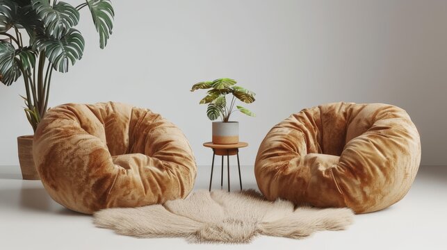 Two brown bean bags are placed on a rug in front of a potted plant