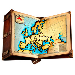 A vintage leather-bound map case with detailed maps of Europe Transparent Background Images 