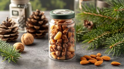 raw Pine nut in the transparant bottle package, kitchen background setting