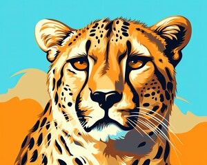 A vector illustration of a cheetah with a blue background in a retro pop art style.