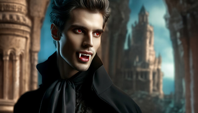 A portrait of a vampire with red eyes and fangs, standing in front of a gothic castle.
