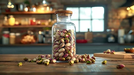 Fotobehang raw Pistachios nut in the transparant bottle package, kitchen background setting © Tina