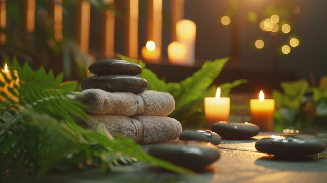 Unwind with a hot stone massage in a tranquil spa setting. The warm stones, flickering candles, and soft fern create a cozy ambiance for a relaxing.