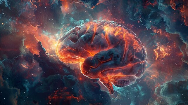 Expressive concept art wallpaper of a human brain, exploding with vibrant bursts of knowledge and creativity, designed to inspire and engage
