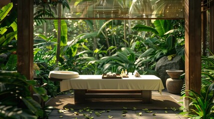 Cozy massage area with a table situated near lush greenery - obrazy, fototapety, plakaty