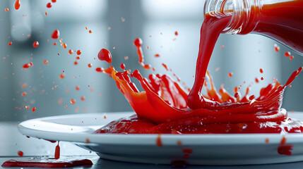 A bottle of tomato ketchup being poured onto a plate, with thick red sauce splashing and spreading outwards in a wave-like motion - Powered by Adobe