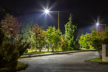 green residential area with modern LED lighting at night
