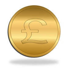 Golden pound sterling. Isolated coin in 3d on white background - obrazy, fototapety, plakaty