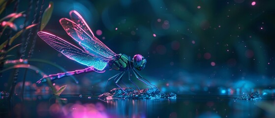 Digital neon dragonfly hovering over a twilight pond bioluminescent glow - obrazy, fototapety, plakaty