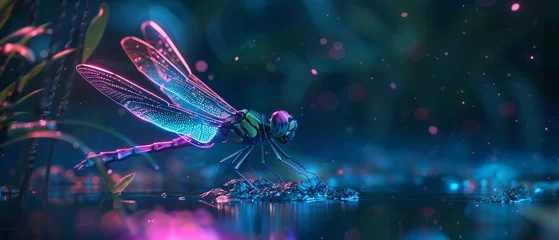 Fotobehang Digital neon dragonfly hovering over a twilight pond bioluminescent glow © Creative_Bringer