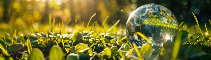 Glass globe on grass reflecting earth