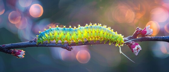 Glowing neon caterpillar on pixelated branch dawn light - Powered by Adobe