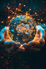 Hands cradle a glowing digital globe with network connections