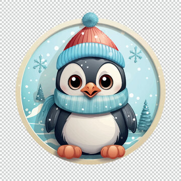 Adorable christmas penguin clipart circle icon in comic art drawing design