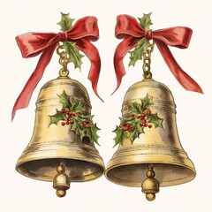 Jingle Bells Card: A pair of jingling bells tied with a festive ribbon evoke the sounds of the season and the joy of giving, Ai generated - obrazy, fototapety, plakaty