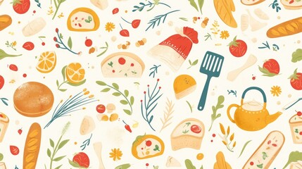 Discover a charming Vintage Bakery pattern in 2d set against a crisp white backdrop featuring delightful cooking illustrations Immerse yourself in the art of food preparation with t - obrazy, fototapety, plakaty