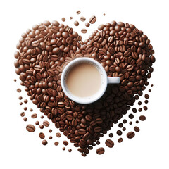 a heart created from coffee beans and in the middle a cup of Cappuccino isolated PNG