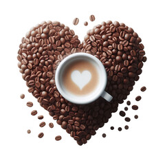 a heart created from coffee beans and in the middle a cup of Cappuccino isolated PNG