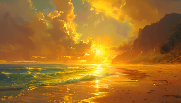 Painting of a beach being drenched in the warm orange and yellow light from the sun