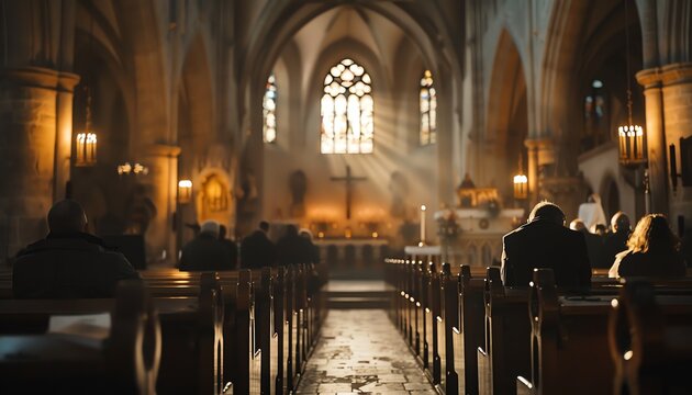 Funeral service in cathedral, somber shadows, final farewell, respectful mood