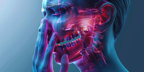 TMJ Tension: The Jaw Pain and Limited Mouth Movement - Visualize a person with their hand on their jaw, grimacing in pain, with restricted movement lines around their mouth, showing the jaw pain - obrazy, fototapety, plakaty