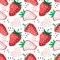 Line drawn doodle strawberries. Seamless Red Strawberry pattern. Scribble style with fresh fruit for healthy diet. Summer tropical prints for textile, wallpaper, packing, wrapping. Organic food