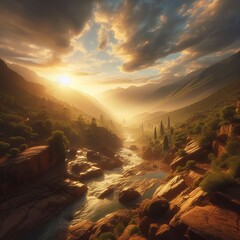 A Breathtaking Sunset Over a Mystical River Flowing Through a Lush Green Valley Encased by Majestic Rocky Cliffs