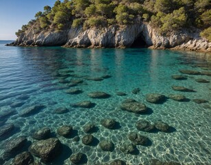 Tranquil image of a secluded cove with crystal-clear waters, inviting viewers to reflect on the serenity and purity of the ocean.
