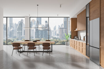 Modern kitchen interior with dining area, large windows overlooking a cityscape, on a light background, concept of urban living. 3D Rendering