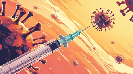 Help halt the spread of Covid 19 by using hand drawn visuals of the virus and vaccine showcasing syringe injections for prevention immunization and treatment of coronavirus infections - obrazy, fototapety, plakaty