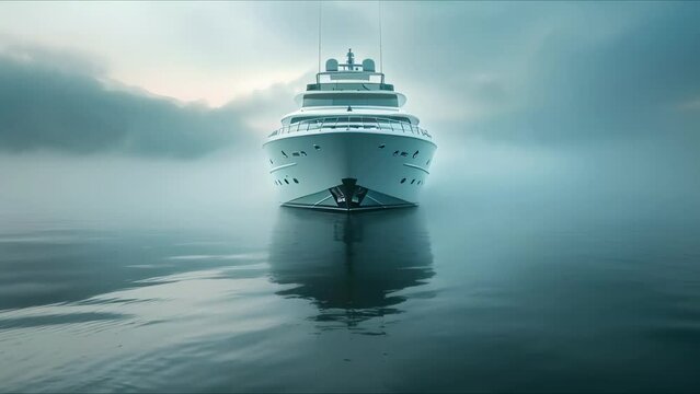 Sleek Yacht Serenity in Misty Waters. Concept Yacht Photography, Water Reflections, Misty Atmosphere, Nautical Elegance