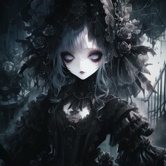 A gothic anime girl model with dark, dramatic makeup and ornate, Victorian-inspired attire, exuding an aura of dark romance.