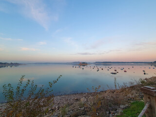 Fishing boats anchored on the lake shore