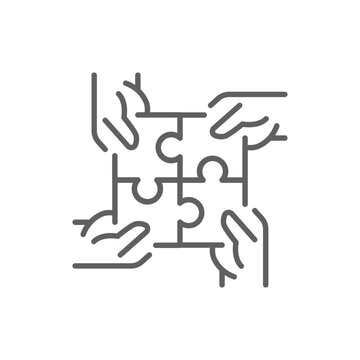 recommend clip art: Hands connecting puzzle icon. Simple outline style. 4 hands connecting four puzzle pieces into a full square, community concept. Thin line symbol. Vector illustration isolated. Editable stroke.
