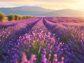 Fototapeta premium Serene landscape of a lavender field in Provence, France, during golden hour, with rows of purple flowers gently swaying in the breeze, creating a tranquil and picturesque scene